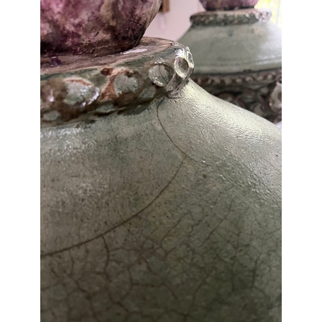 Pair of Late 20th Century French Glazed Ceramic Flaming Urns on Stand For Sale In Providence - Image 6 of 12