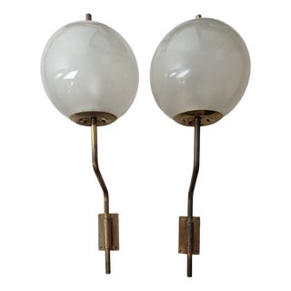 Vintage Wall Lamps in Brass with Etched Glass Sphere, 1950s, Set of 2 For Sale