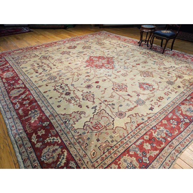 Tan Antique Turkish Oushak Rug, Hand-Knotted Wool, Allover Geometric Pattern, Tan & Red, 14' X 15' For Sale - Image 8 of 18