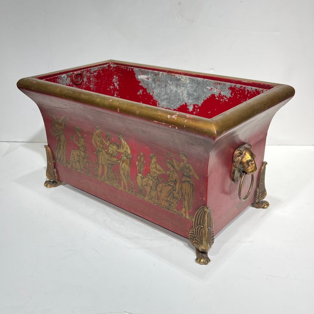 Pair Vintage Greek / Roman Neoclassical Red Painted Tole and Bronze Jardinieres For Sale In New York - Image 6 of 12