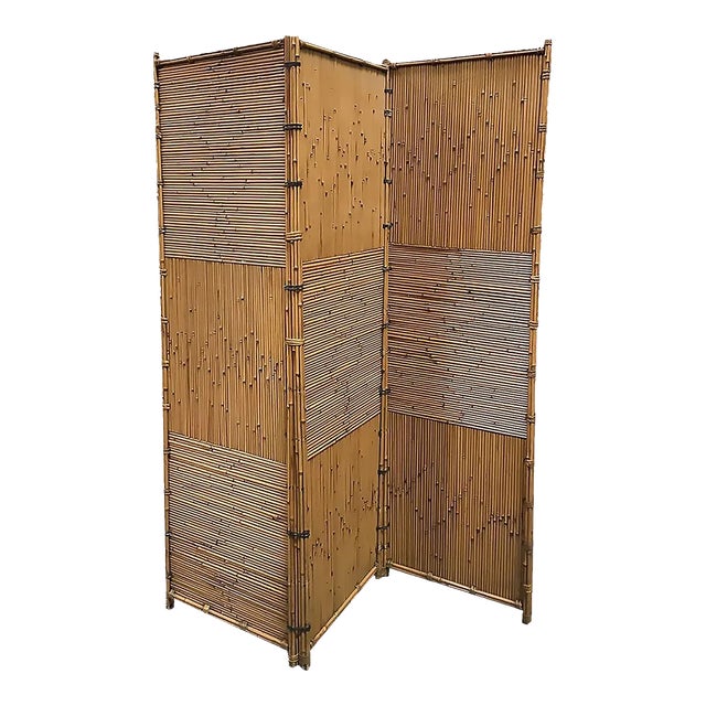 1930s Crespi Style 3 Panel Folding Screen, Stick Reed Rattan For Sale