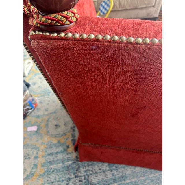 Vintage Rust Red Wingback Settee Sofa With Nailhead Trim & Carved Finials For Sale - Image 12 of 12