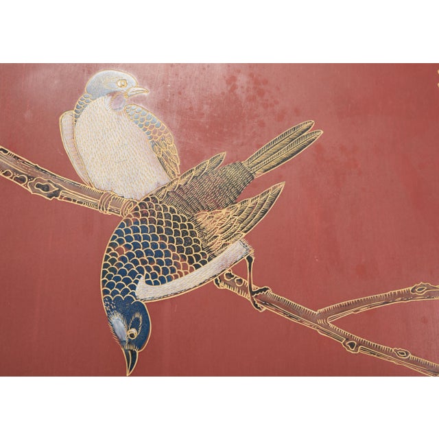 Wood Chinese Export Four Panel Red Lacquered Chinoiserie Gilt Screen For Sale - Image 7 of 18