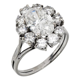 1950s Mid Century Gia 2.01 Carat Diamond Platinum Cluster Ring, Size 6.5 For Sale