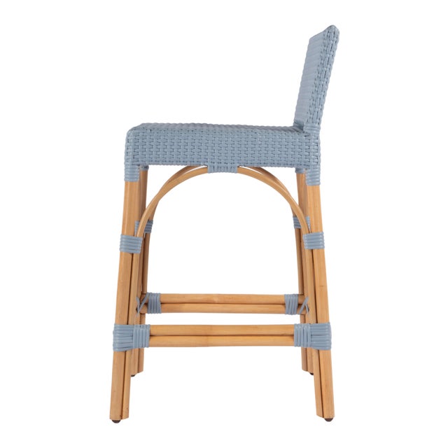 Serienna 24.5 in. Seat Height Rectangular Rattan Low Back Counter Stool, Baby Blue/ Natural Rattan Frame For Sale In Chicago - Image 6 of 9