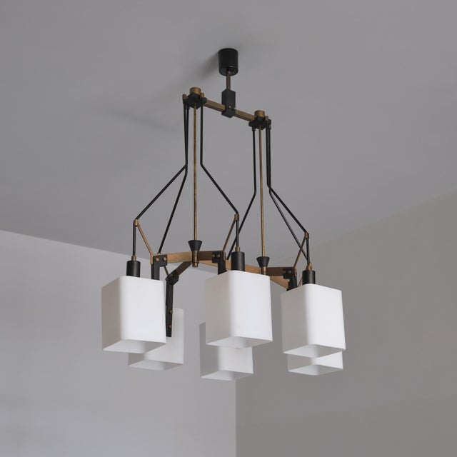Mid-Century Modern Italian Six-Light Chandelier in Brass, Black Metal and Opaline Glass, 1950s For Sale - Image 3 of 16