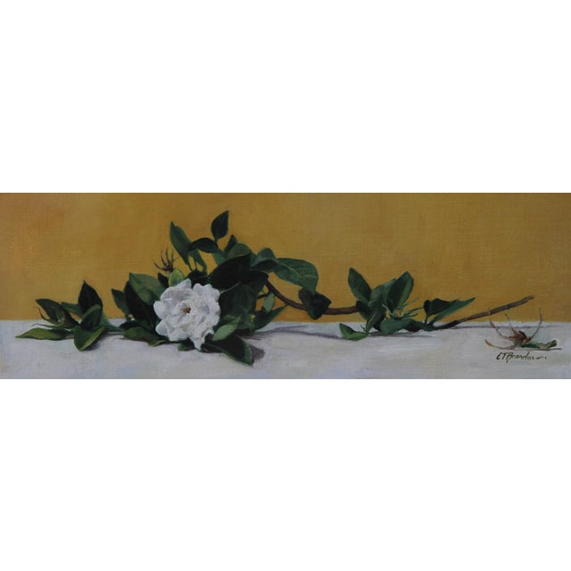 Gardenia on a Blue Table by Linda Tracey Brandon | Oil on panel Still life of gardenias in a vase For Sale