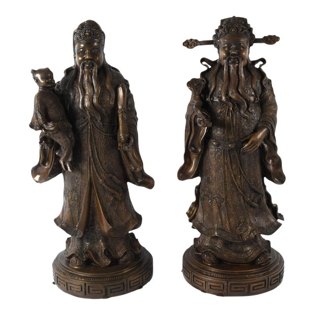 Pair of Large Chinese Bronze Wisemen Figures With Ruyi and Child, 20th Century For Sale