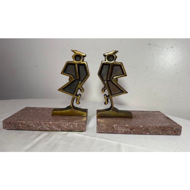 1950s Vintage Heavy Pair Modernist Mid Century Modern Bronze Marble Figural Bookends For Sale - Image 5 of 12