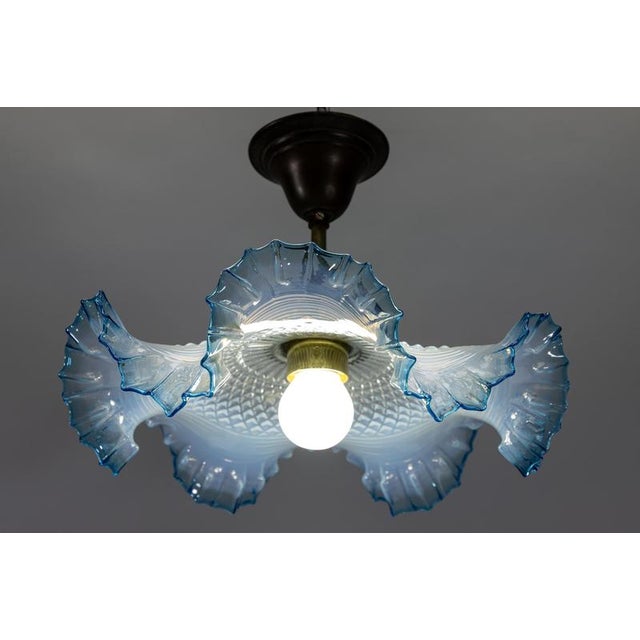 Metal French Art Deco Blue and White Opalescent Ruffled Glass Ceiling Light, 1930s For Sale - Image 7 of 18