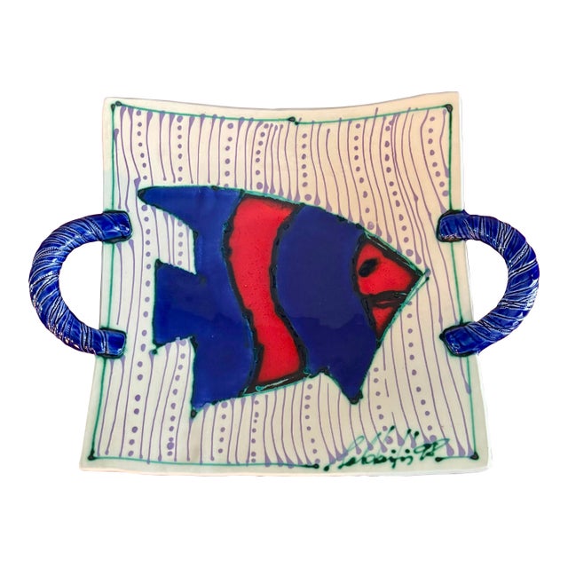 Juozas Rasa Saldaitis Ceramic Serving Dish With Fish Design and Handles For Sale