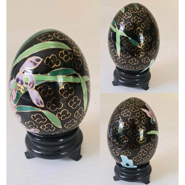 Metal Vintage Chinese Cloisonné Enamel Floral Eggs W/Black Stands Set of 4 For Sale - Image 7 of 14