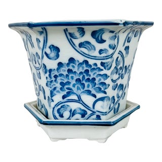 1980s Andrea by Sadek Blue and White Planter With Water Tray Marked Japan For Sale