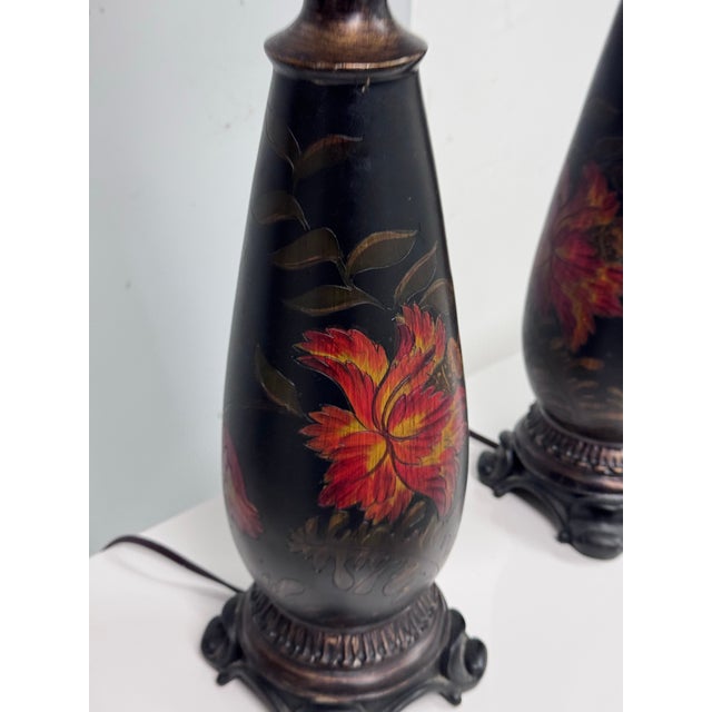 Brown Circa 1990's Chinoiserie Hand Painted Floral Table Lamps, Pair For Sale - Image 8 of 12