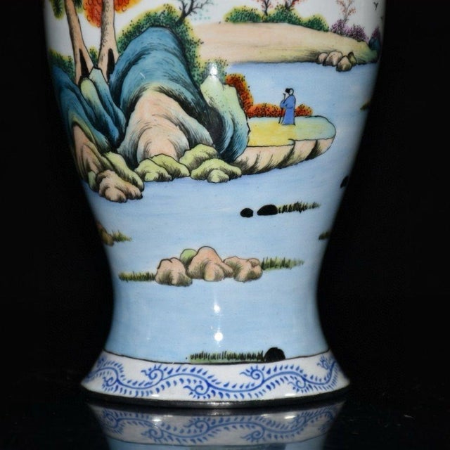 Vintage Chinese Enameled "Landscape" Vase With Turquoise Base, "Qianlong" Mark - 623g For Sale - Image 4 of 9