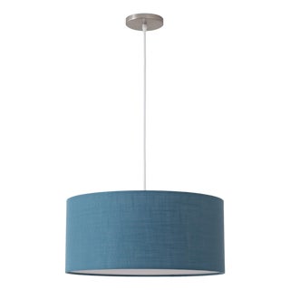 Stretch 15" Pendant Luminaire - Drum Turquoise Linen Shade, Satin Nickel Steel, Dimmable Lighting Solution For Sale