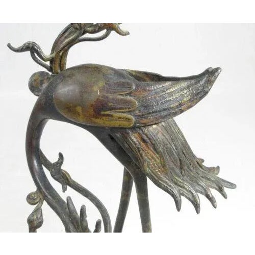 Meiji Early 20th Century Japanese Shokudai Bronze Candlestick Antique Metal Crane Bird Tortoise Animal Lotus For Sale - Image 9 of 12