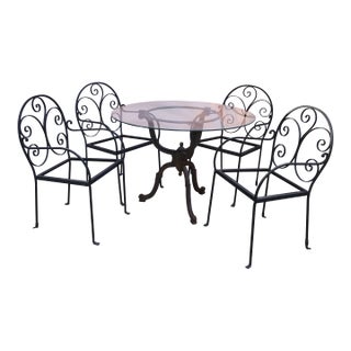 Vintage Patio or Garden Glass Top Table and 4 Chairs For Sale
