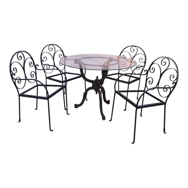 Vintage Patio or Garden Glass Top Table and 4 Chairs For Sale