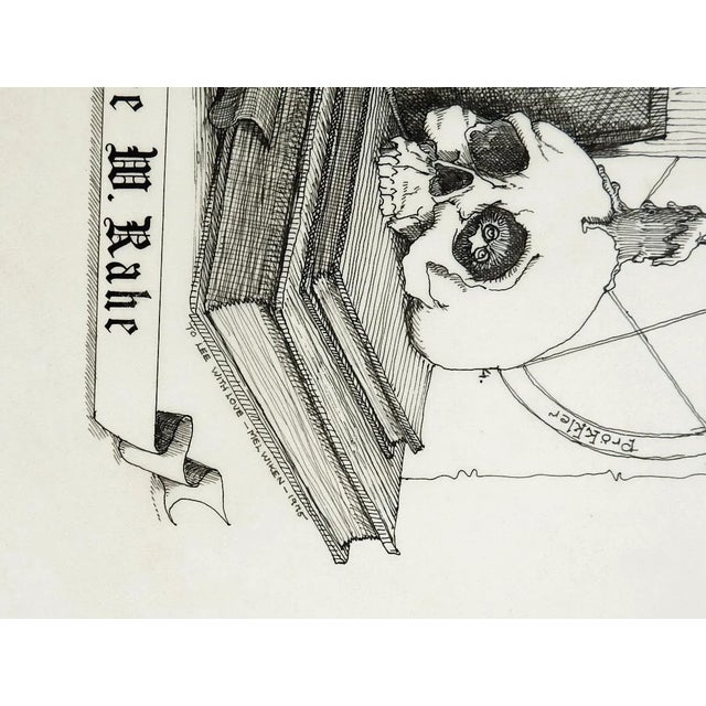 Vintage 1975 pen and ink drawing by Mel Wiken (b. 1944) New Orleans, Louisiana. Original bookplate drawing for good friend...