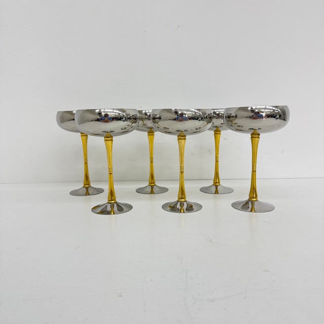 Mid-Century Italian Stainless Steel and Brass Champagne Coupes, 1970s, Set of 6 For Sale - Image 4 of 14