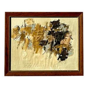 Mid 20th Century Vintage Boho Original Abstract Oil Painting on Paper