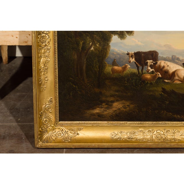 Green Italian 19th Century Framed Oil on Canvas Painting Depicting Cows in Pastures For Sale - Image 8 of 12