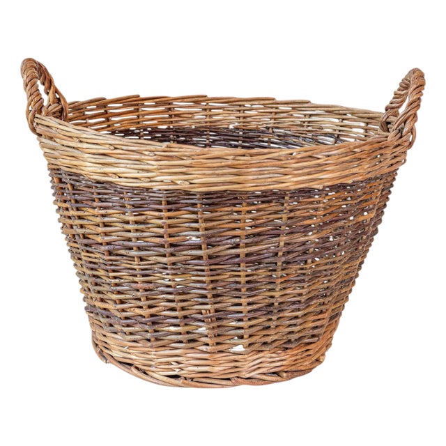Mid 20th Century Handmade English Two Toned Wicker Baskets from Devon with Double Handles For Sale
