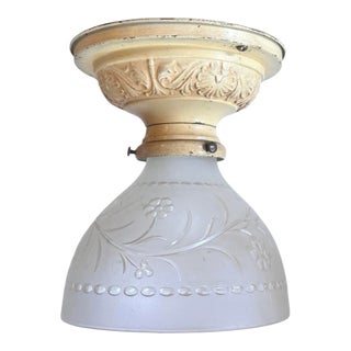 1910 Botanical Motif Flushmount With Original Painted Embossed Leaf Pattern Holder With Embossed Floral and Beaded Shade For Sale
