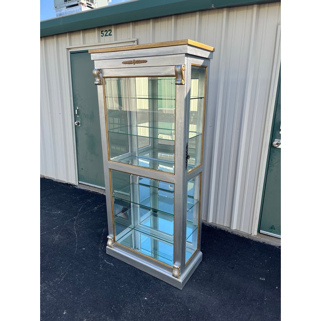 Wood Silver Painted Mirrored 6-Shelf Illuminated Display or Curio Cabinet For Sale - Image 7 of 12