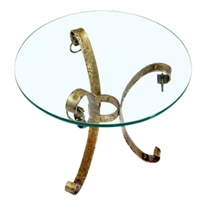 Round Glass Top Gold Gilt Tripod Wrought Iron Base Side End Table