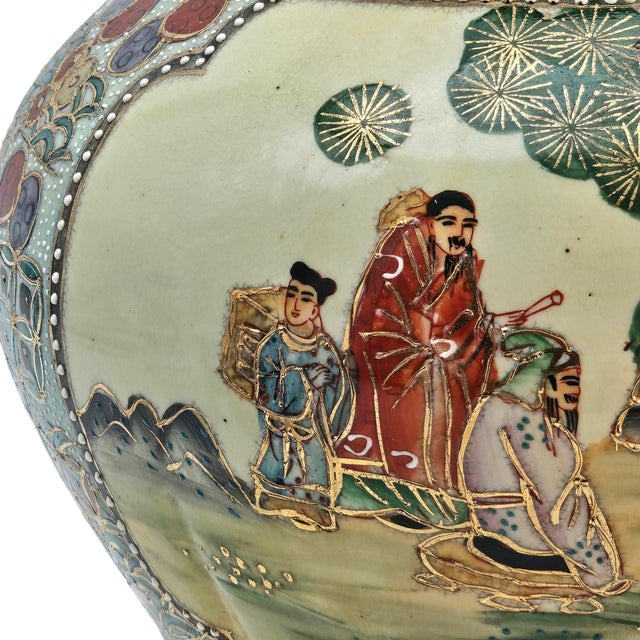Cream Antique Japanese Satsuma Moriage Covered Ginger Jar With Chinese Figures For Sale - Image 8 of 17
