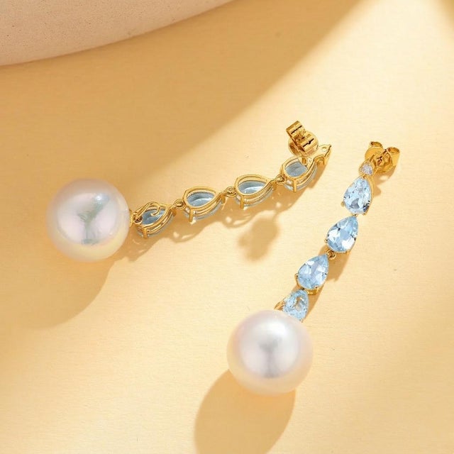 Nina Zhou Rhythm 3.25ctw Natural Aquamarine & Diamond and Pearl Drop Earrings in 14k Gold For Sale - Image 9 of 9