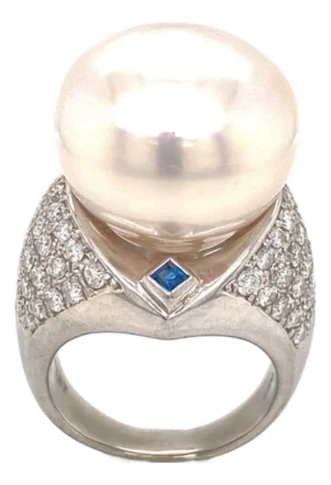 Platinum Large 17mm Pearl Diamond & Sapphire Cocktail Ring - Size 8