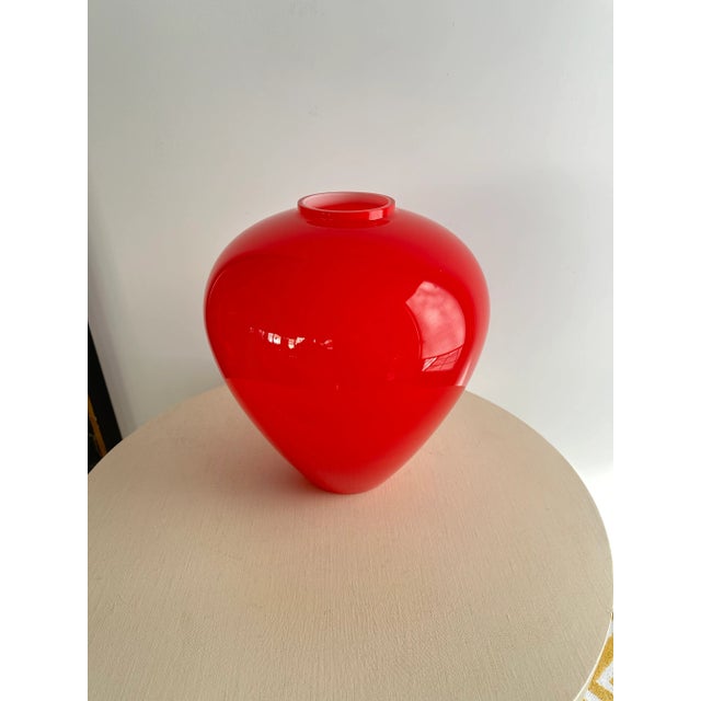 Large Red Salivate Murano Art Glass Vase. Beautiful primary red with white interior. Acid stamped on bottom.