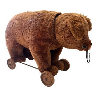 Vintage Plush Bear Pull Toy on Wooden Wheels For Sale