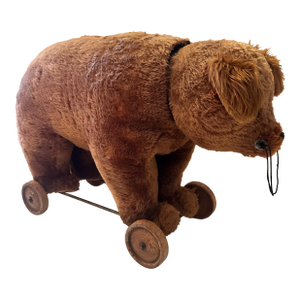 Vintage Plush Bear Pull Toy on Wooden Wheels