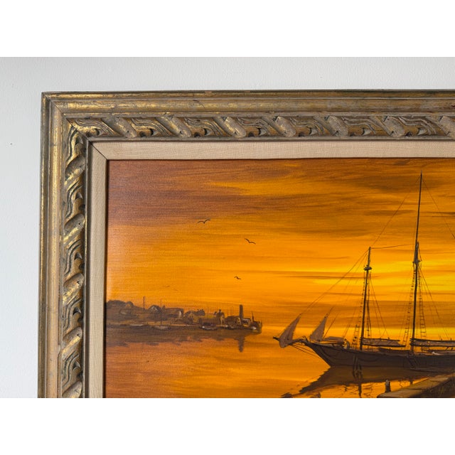 1970’s Charles Stepule Sunset Harbor Scene Oil on Canvas Painting, Wood Framed For Sale In Miami - Image 6 of 12