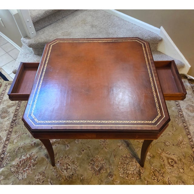 Vintage Leather Top Embossed Game Card Table For Sale - Image 4 of 13