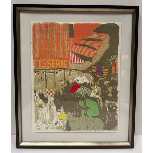 Colorful La Brasserie French street scene. Floating on matt and framed in black and silver distressed frame.
