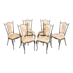 Vintage Hollywood Regency Style Cast Aluminum Faux Bamboo Dining Chairs - Set of 6