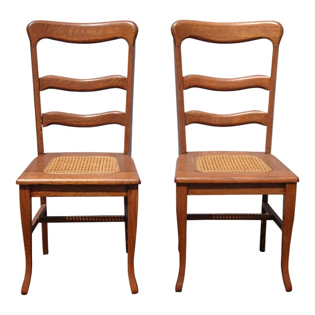 Pair Vintage French Country Oak Cane Side Chairs For Sale