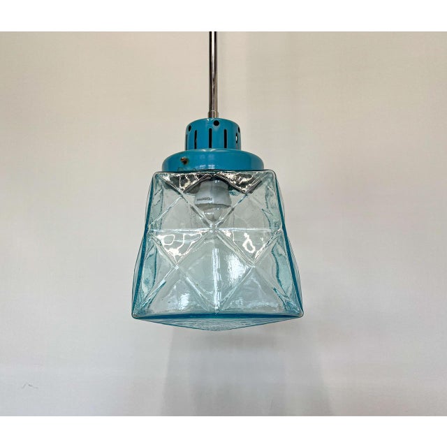 French Pendant Lamp in Geometric Blue Glass, 1950s For Sale - Image 9 of 14