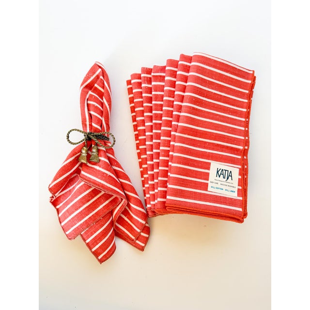 1970s Vintage Linen Cotton Striped Cloth Dinner Napkins, Persimmon For Sale - Image 5 of 7