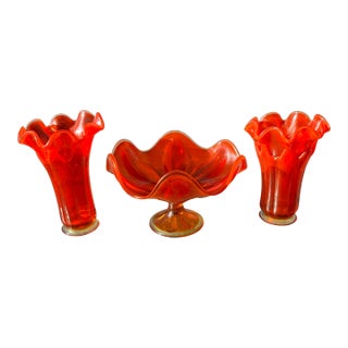 Set of 3 Mid-Century Persimmon Viking Compote and 2 Viking Persimmon Vases - 3 Piece Set For Sale