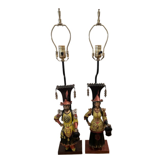 Pair of Mid 20th Century Chinoiserie Figural Table Lamps For Sale