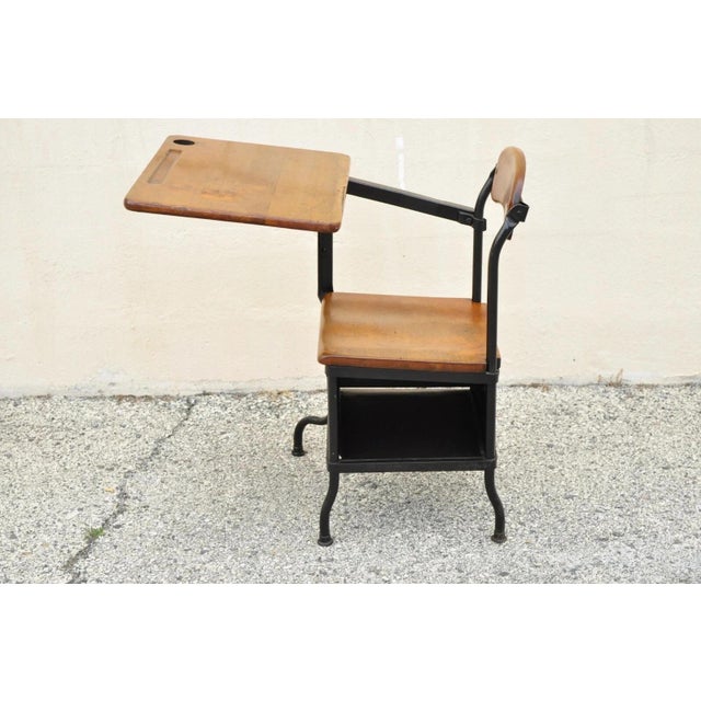 Antique American Industrial Iron and Maple Childs School Writing Desk For Sale - Image 4 of 12