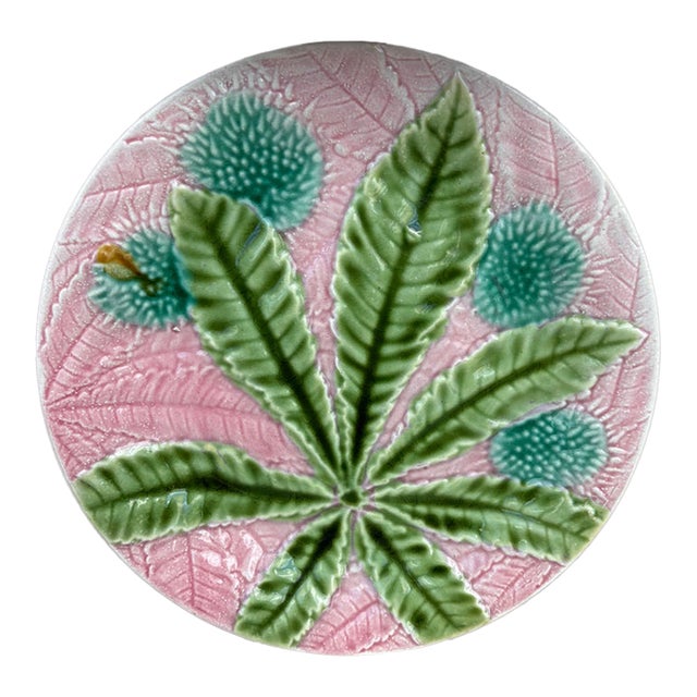 French Majolica Chestnut Leaves Plate Salins, Circa 1880 For Sale