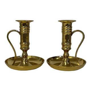 Vintage Brass Federal Candle Holders With Finger Handle - a Pair. For Sale