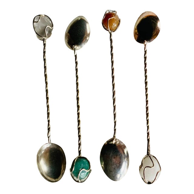 Set of Four Brazilian Sterling Silver & Semi-Precious Stone Spoons, C. 1960 For Sale